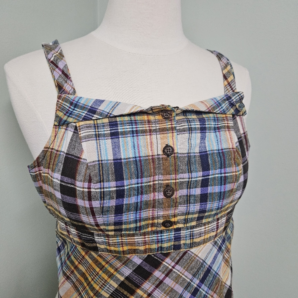 Old Navy Plaid Earthy Spring Dress Bias Cut Preppy Y2K Retro Brown Yellow - Picture 2 of 12